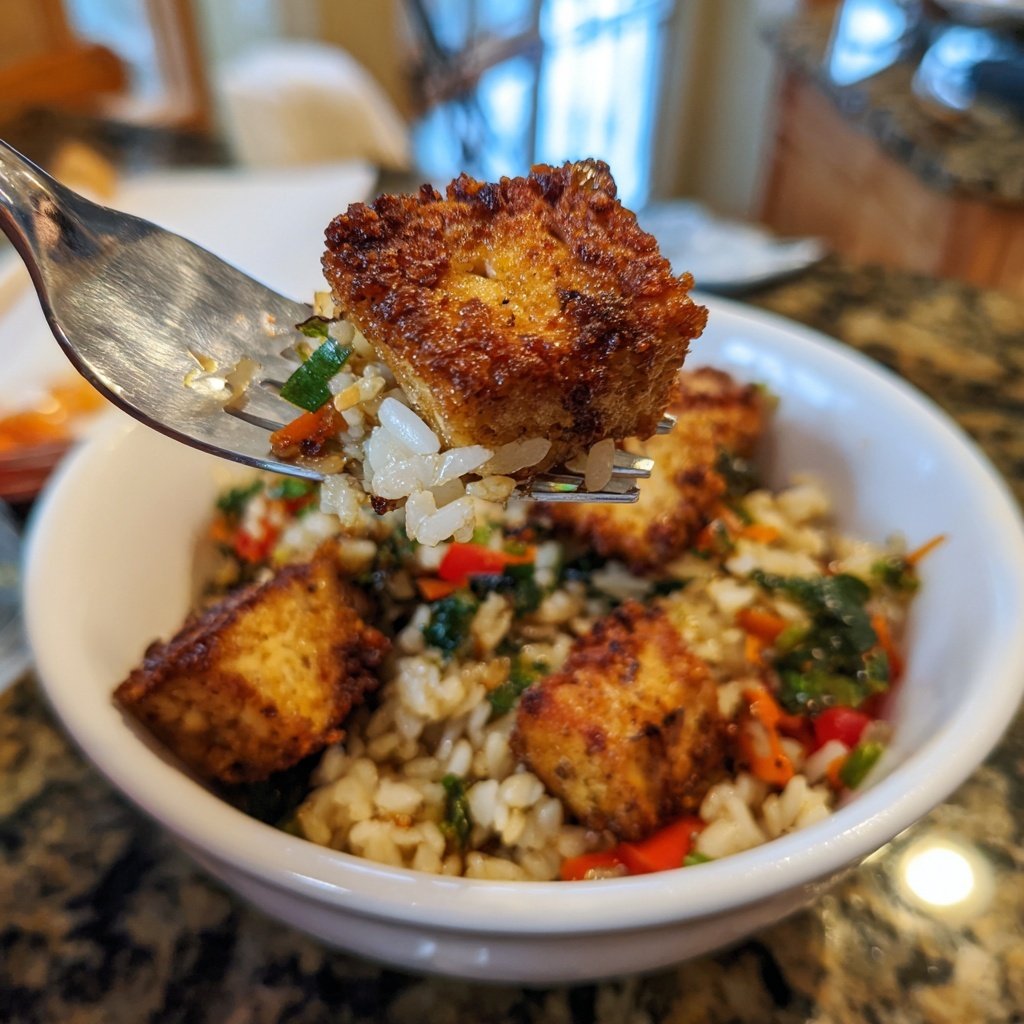 Crispy Tofu Garlic Rice Bowl